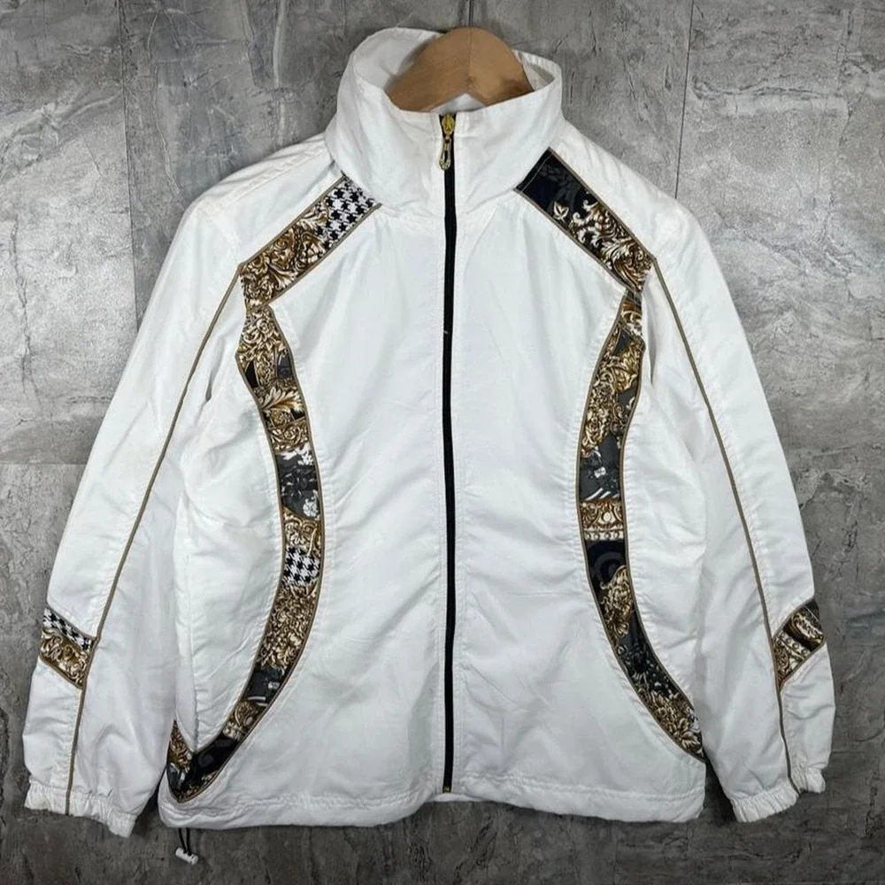 Vintage 90s White Windbreaker Jacket Black & Gold Ornate Bandana  Sleeves Size M